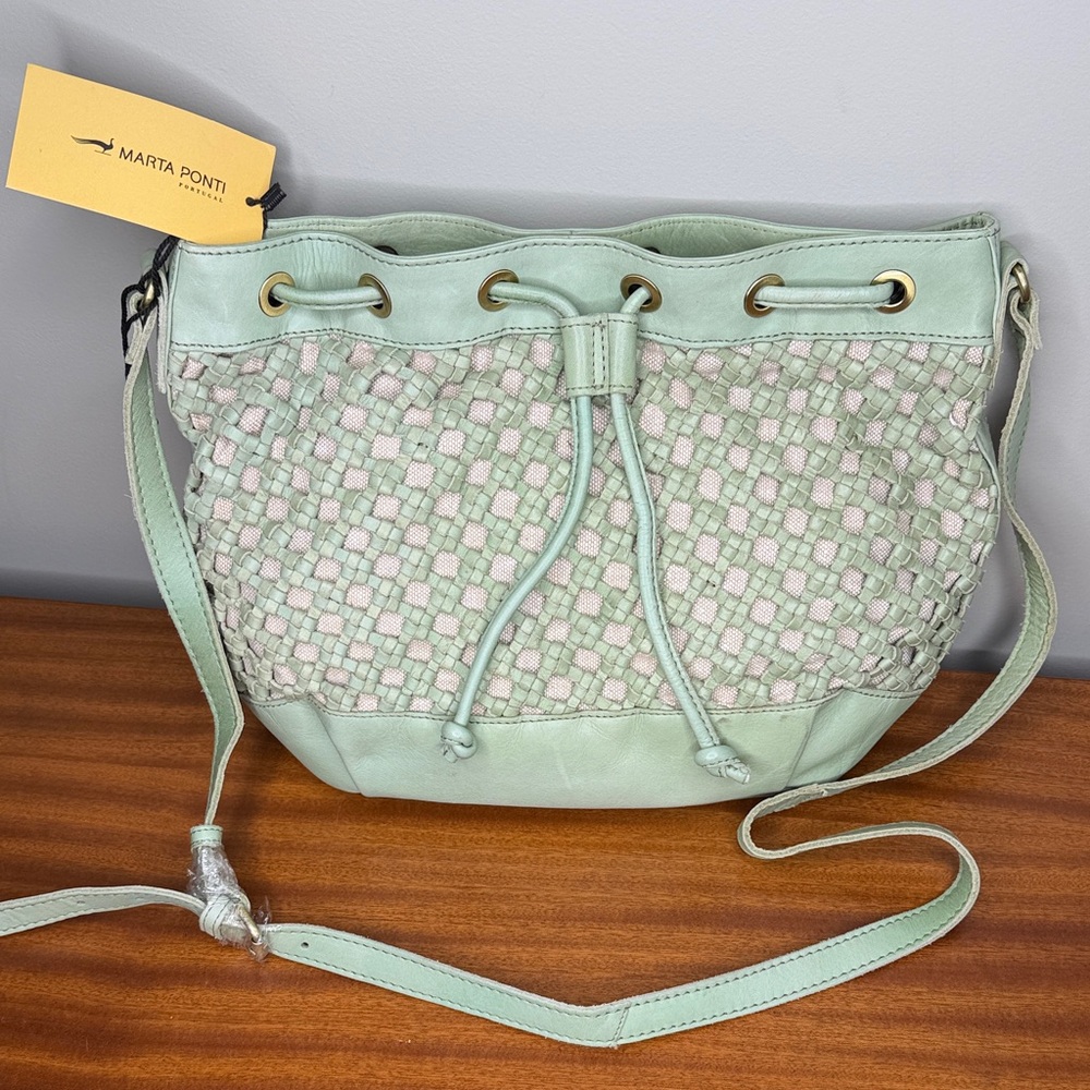 NWT Marta Ponti Genuine Leather Mint Green Woven Shoulder Bag